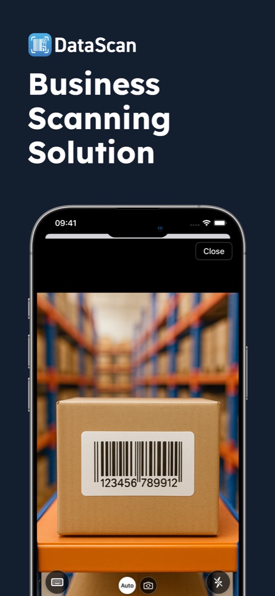 DataScan camera view scanning a barcode on a carton in a warehouse aisle