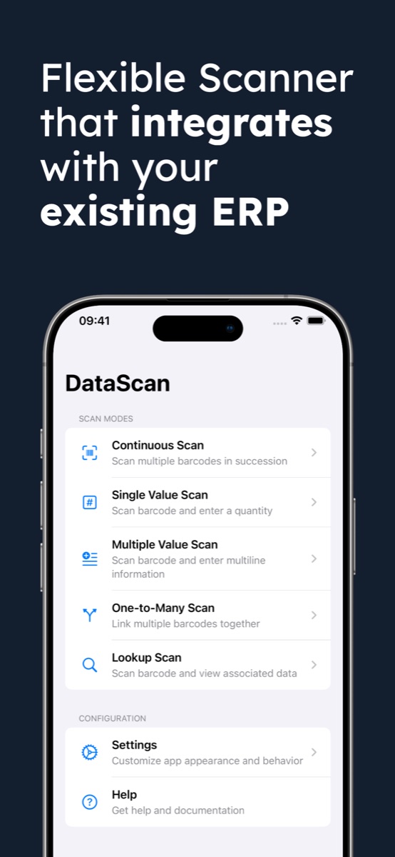 DataScan main menu on iPhone showing five inventory scan modes: Continuous, Single Value, Multiple Value, One-to-Many, and Lookup