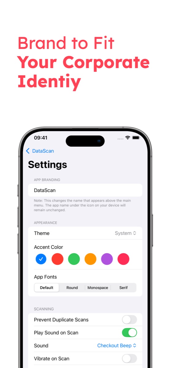 DataScan-huisstijlinstellingen met aangepaste app-naam, thema, accentkleuren en lettertypen
