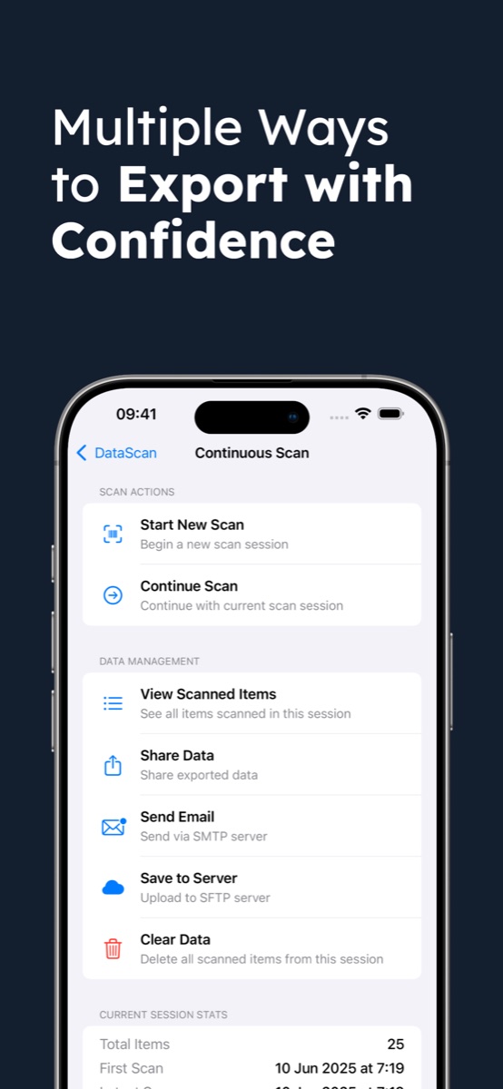 DataScan session screen with scanned-item review, share, SMTP email and SFTP upload options plus session statistics