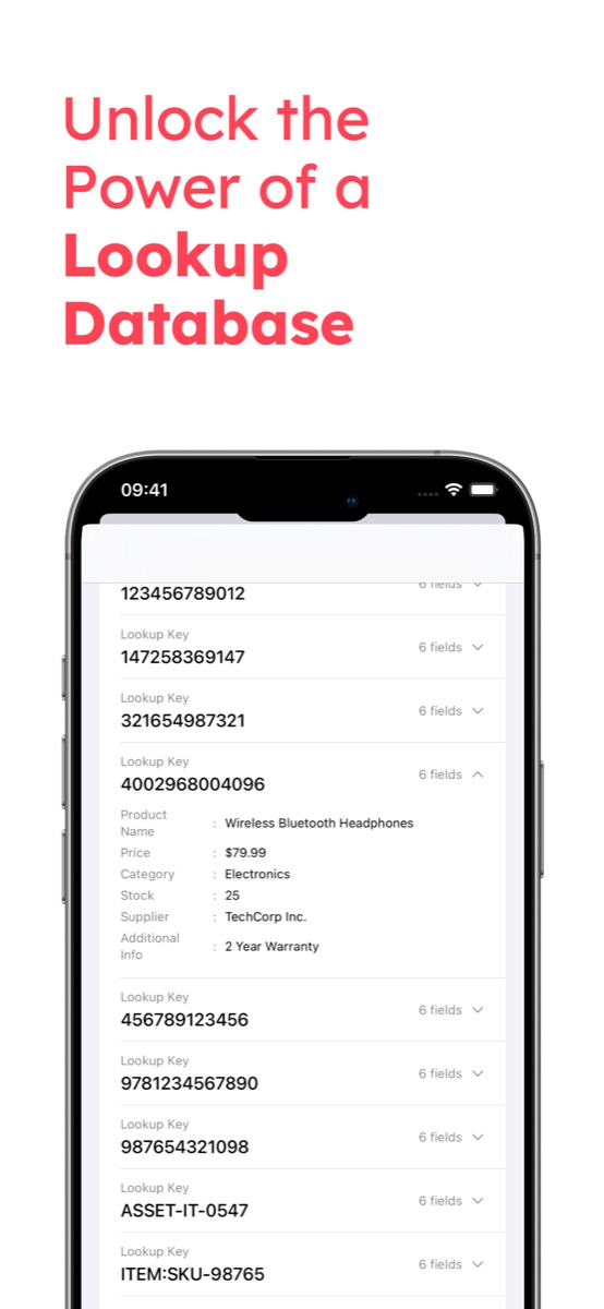 DataScan Lookup database listing barcode keys, one expanded to show product name, price, category, stock and supplier fields