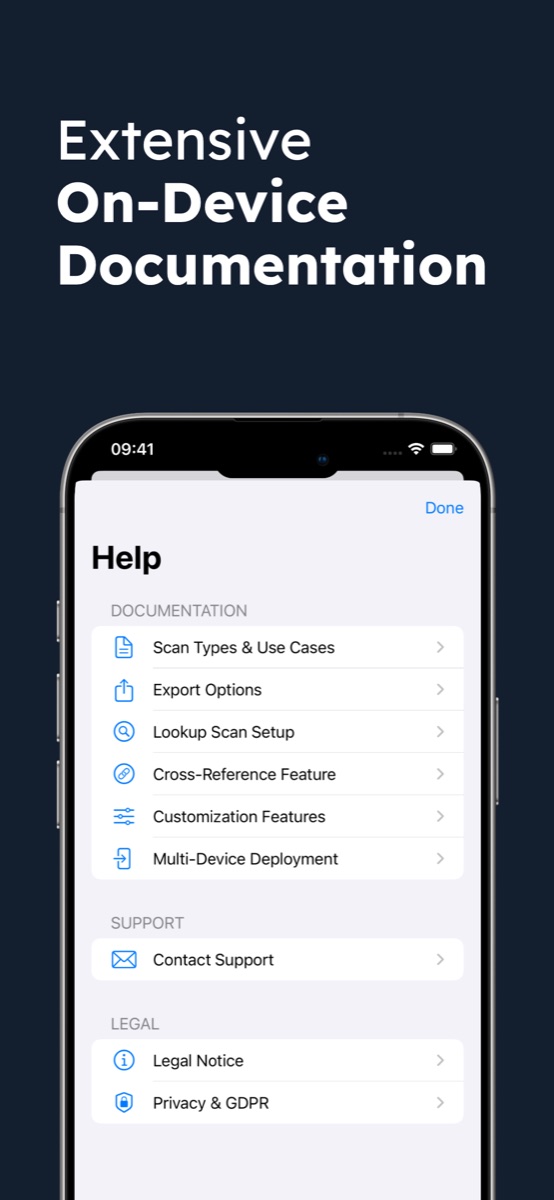 Ingebouwde documentatie- en ondersteuningsschermen in de DataScan barcodescanner-app