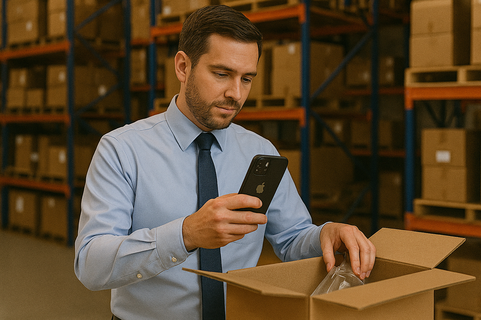 Warehouse worker verifying an incoming delivery by scanning carton barcodes with a phone at the receiving dock