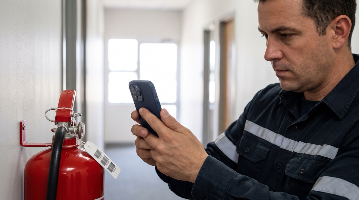 Facility technician scanning the barcode tag on a wall-mounted fire extinguisher with an iPhone