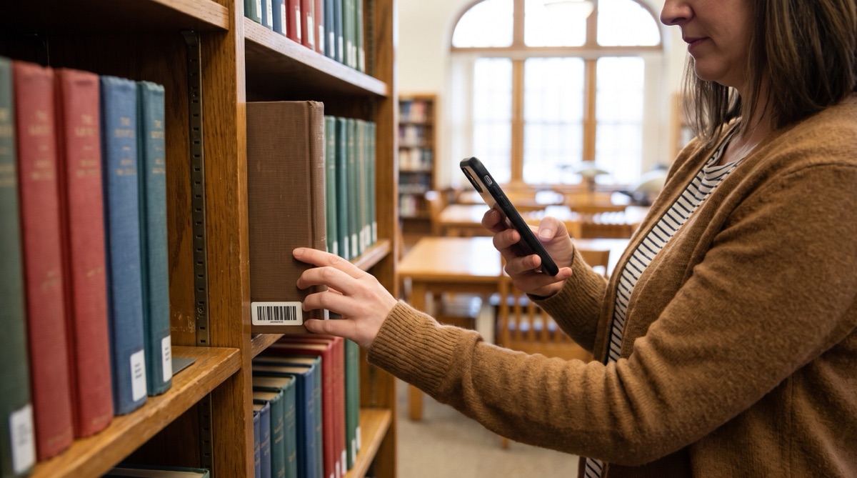 Librarian pulling a book from the shelf to scan the barcode label on its spine with an iPhone