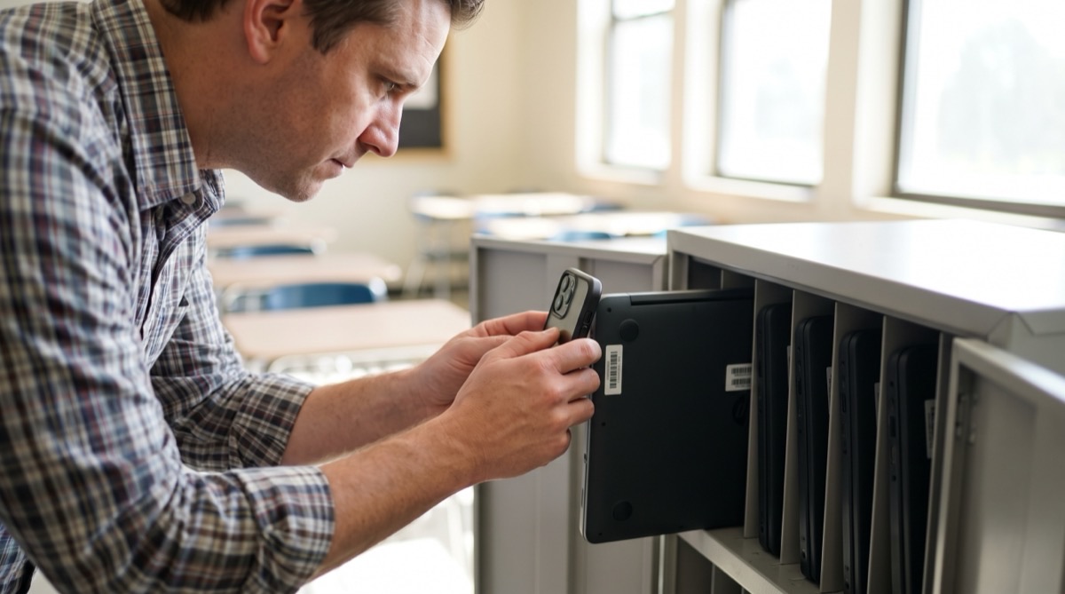 School IT staff member scanning the barcode asset tag on a laptop in a charging cart with an iPhone