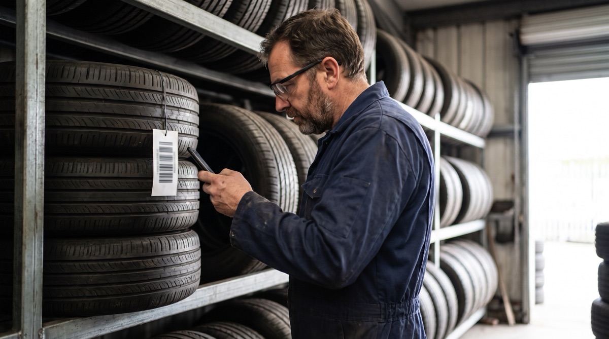Mechanic scanning the barcode tag on a stored set of tires on a tire storage rack with an iPhone