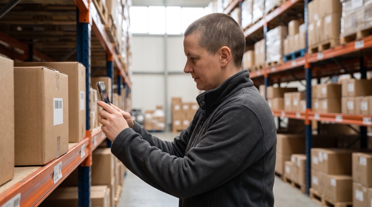 Warehouse employee scanning a carton barcode on a pallet rack with an iPhone during a year-end stocktake